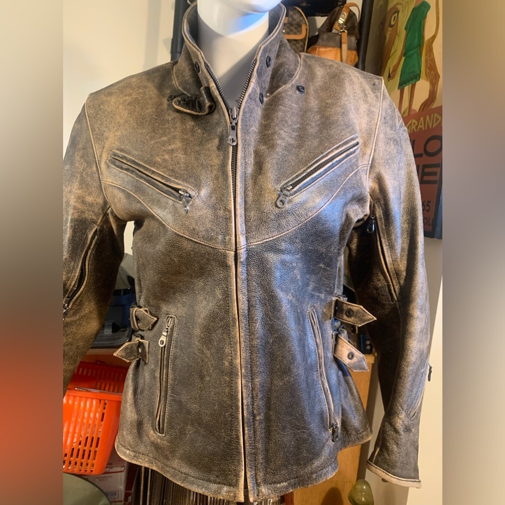 TEKNIC DISTRESSED BROWN LEATHER MOTORCYCLE MOTO BIKER JACKET